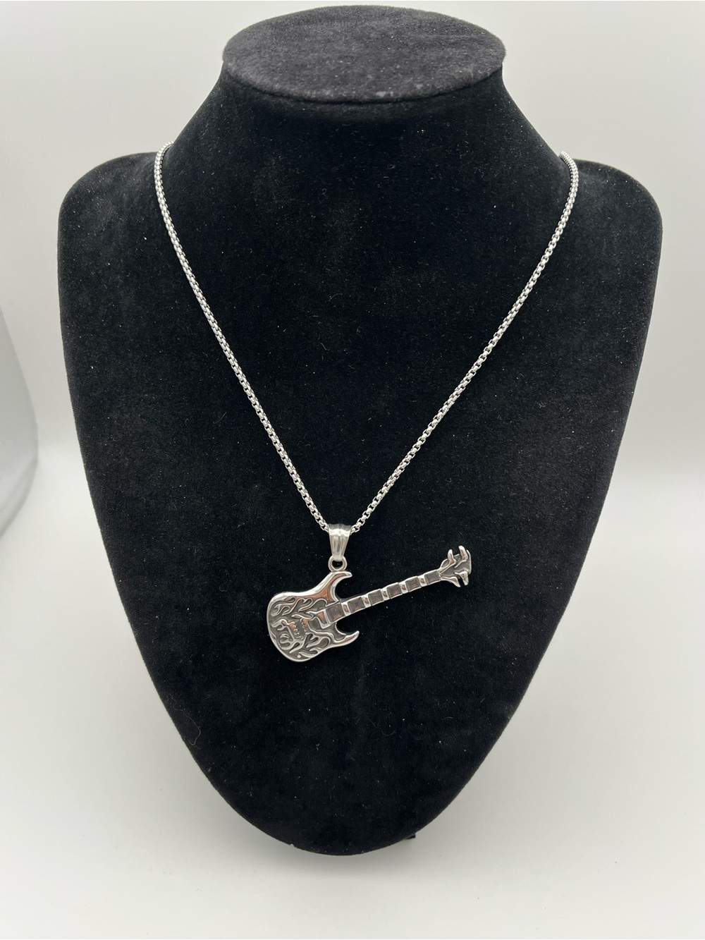 24”, Stainless Steel Guitar Pendant w/ Box Chain Necklace